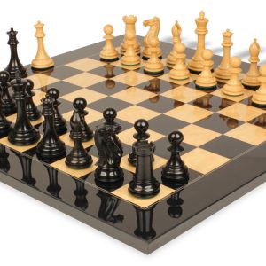 new exclusive staunton chess set ebonized & boxwood pieces with black & ash burl board 3.5" king