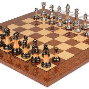 decorative staunton silver & black anodized chess set with brown ash burl board 3.5" king
