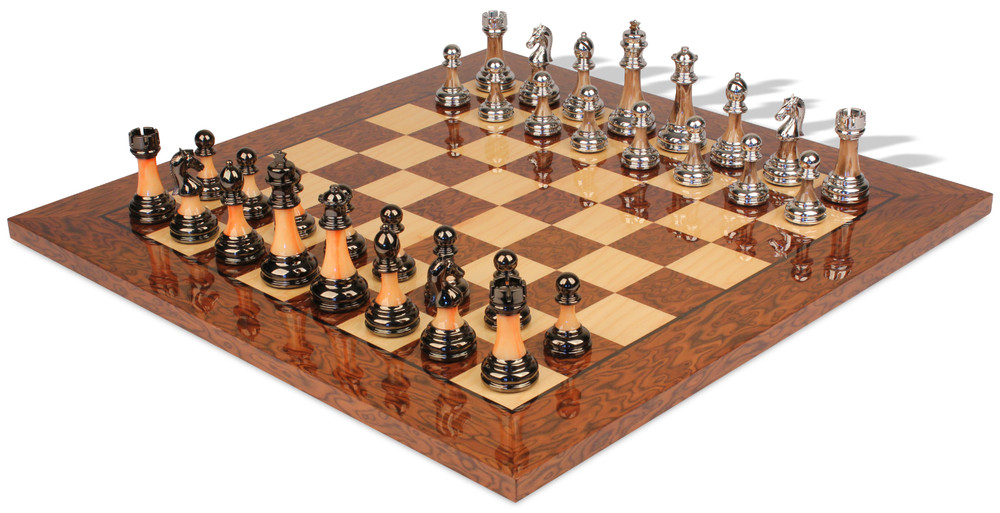 decorative staunton silver & black anodized chess set with brown ash burl board 3.5" king